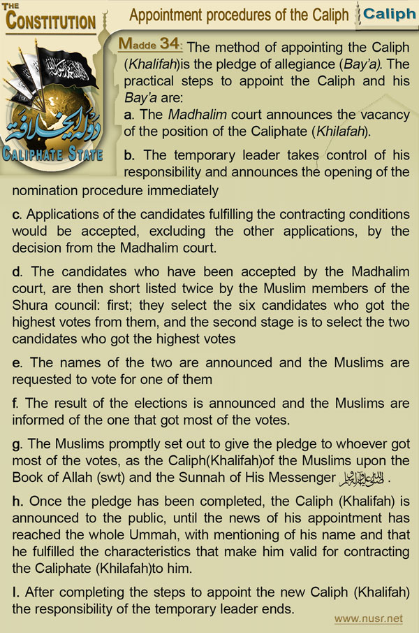 The Constitution of the Caliphate State, Article 34: The method of appointing the Caliph (Khalifah)is the pledge of allegiance (Bay’a). The practical steps to appoint the Caliph (Khalifah)and his Bay’a are: a- The Madhalim court announces the vacancy of the position of the Caliphate (Khilafah) b-    The temporary leader takes control of his responsibility and announces the opening of the nomination procedure immediately c-    Applications of the candidates fulfilling the contracting conditions would be accepted, excluding the other applications, by the decision from the Madhalim court. d-    The candidates who have been accepted by the Madhalim court, are then short listed twice by the Muslim members of the Shura council: first; they select the six candidates who got the highest votes from them, and the second stage is to select the two candidates who got the highest votes e-    The names of the two are announced and the Muslims are requested to vote for one of them f-    The result of the elections is announced and the Muslims are informed of the one that got most of the votes. g-    The Muslims promptly set out to give the pledge to whoever got most of the votes, as the Caliph(Khalifah)of the Muslims upon the Book of Allah (swt) and the Sunnah of His Messenger صلى الله عليه وآله وسلم . h-    Once the pledge has been completed, the Caliph (Khalifah) is announced to the public, until the news of his appointment has reached the whole Ummah, with mentioning of his name and that he fulfilled the characteristics that make him valid for contracting the Caliphate(Khilafah)to him. i-    After completing the steps to appoint the new Caliph(Khalifah) the responsibility of the temporary leader ends.
